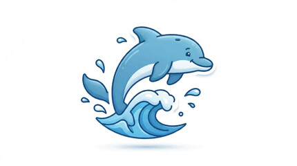 Naklejka premium Cute Cartoon Dolphin Jumping Out of Water with Ocean Wave, Marine Animal Vector Illustration for Sea Life, Wildlife, Aquatic Nature and Ocean Design Concepts