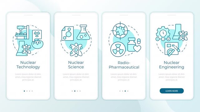 Nuclear science application cases animated onboarding mobile app screens. Medical treatment. UI layout animation with cyan line concept icons. Modern flat interface style motion graphics