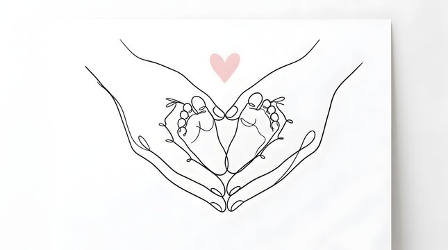 Minimalist Continuous Line Drawing of Parental Hands Cradling Newborn Baby Feet with Heart