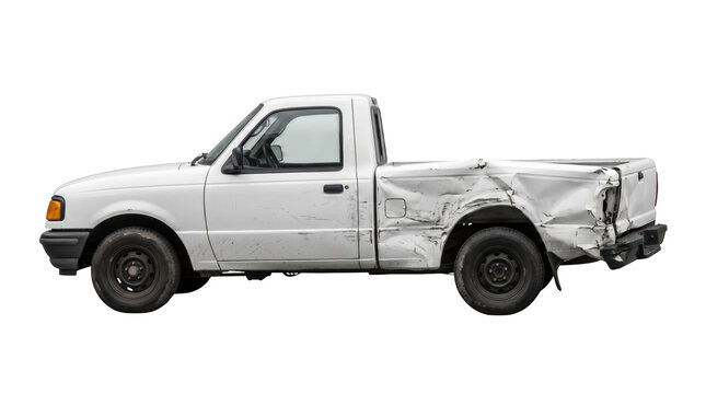 White pickup truck with a damaged rear side panel after a car accident isolated on transparent background