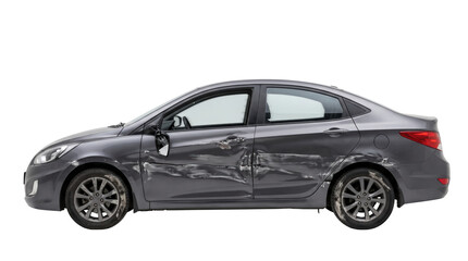Fototapeta premium Side view of a modern dark gray sedan car parked on the street isolated on transparent background