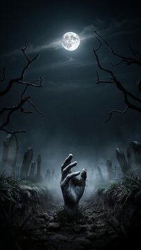 A spooky zombie hand rising from a dark graveyard under a full moon in a misty night