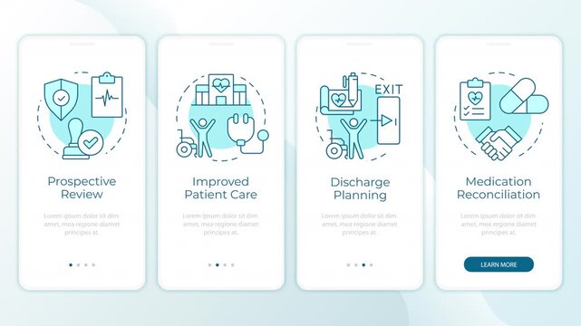 Integrated healthcare management animated onboarding mobile app screens. Patient care lifecycle. UI layout animation with cyan line concept icons. Modern flat interface style motion graphics