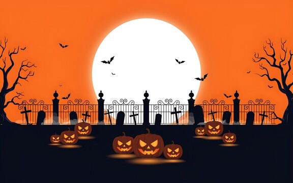 Spooky halloween night background with glowing jack o lanterns and a large full moon in orange sky