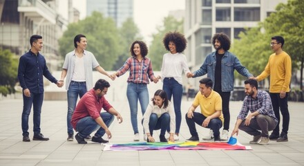 Fototapeta premium Diverse multiracial generation joining hand together around colorful banner, demonstrating global unity for international youth day august 12th, showing strong friendship, mutual cooperation.