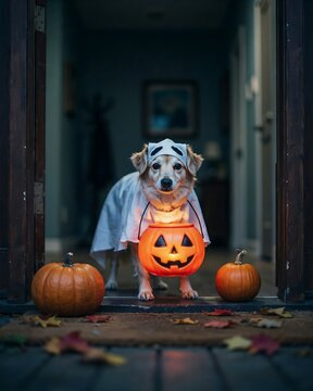 A cute dog dressed in a ghost costume holding a glowing jack o lantern for halloween