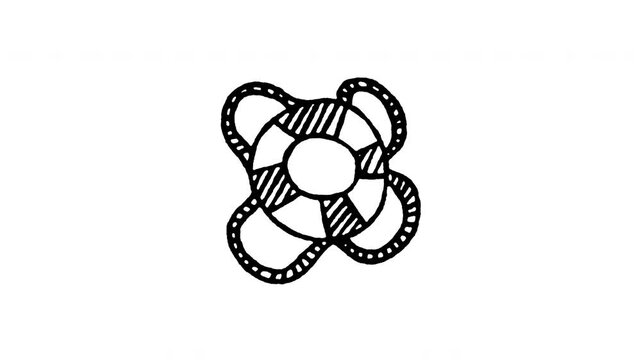 Animated doodle lifebuoy ring icon. 4K frame by frame line art on black and green screen chroma key background for nautical safety, ocean preserver, marine rescue, lifebelt, and boat equipment.
