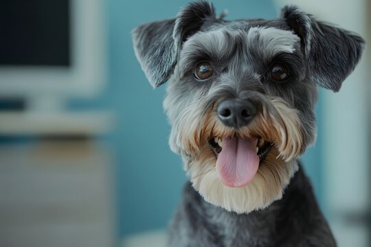 Close up portrait of a cute miniature schnauzer dog with a happy expression and tongue sticking out