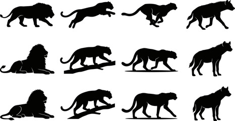 Obraz premium African Big Cat and Hyena Silhouette Collection with Lion Cheetah Leopard and Hyena Poses
