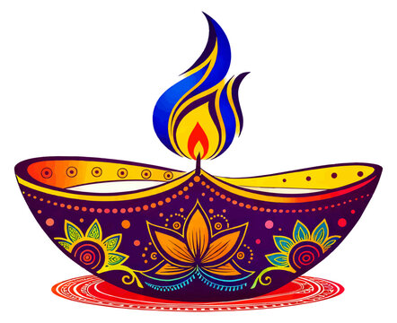 Diya diwali candles with full color isolated on white background	