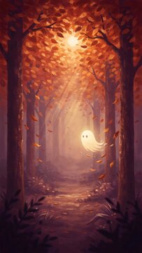 A cute little ghost floating through a magical forest path during a beautiful golden autumn day