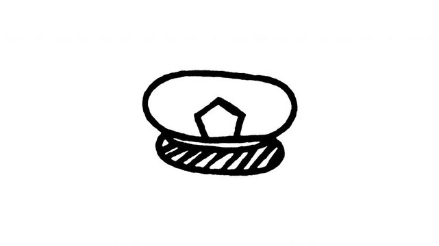Animated 4K naval captain's cap doodle icon. White hand drawn line art on black and green screen backgrounds for sailor hat, maritime officer, skipper visor, sea commander, and navy edits.