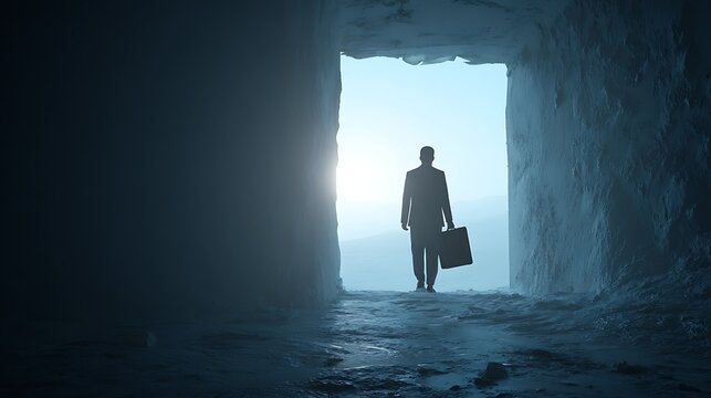 Man in dark suit walking toward bright doorway in dimly lit corridor