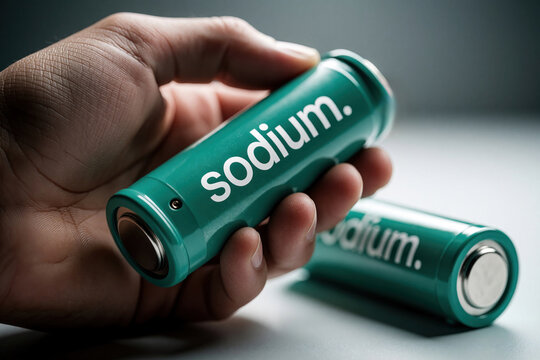 Person holds green sodium battery. New sustainable energy storage concept. Alternative power source comparison to lithium ion. Future electric tech.
