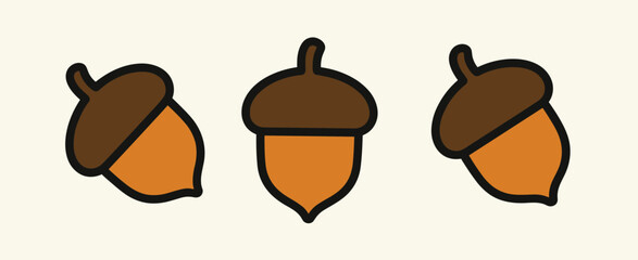 Three stylized acorn with brown caps and orange nuts, arranged in a row on a light beige background, flat © Bappy
