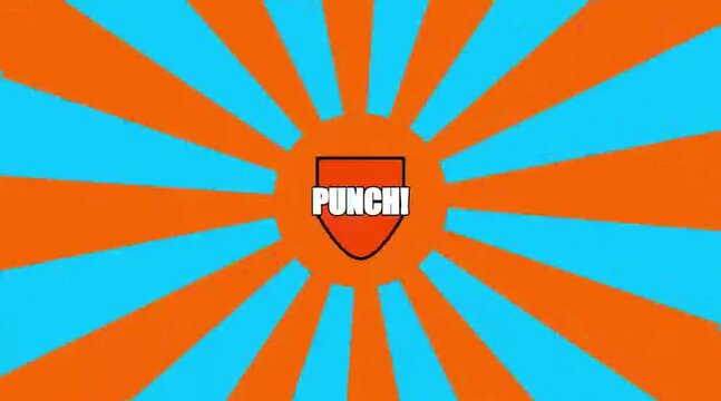 Punch logo, with bold red and blue rays radiating from a central shield-shaped emblem. 
