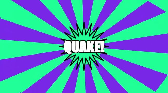 Quake in bold white letters with a jagged black outline, set against a vibrant purple and green radial burst background. 