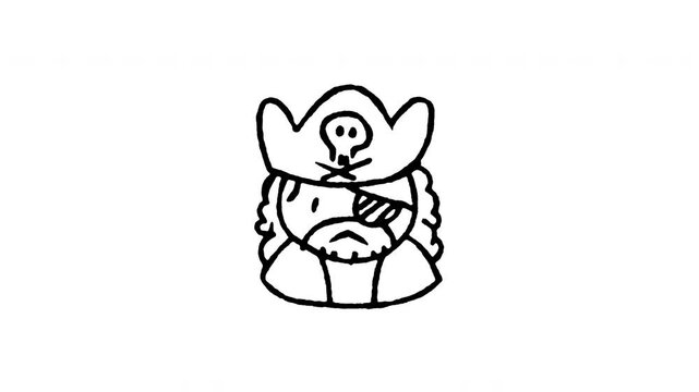 Hand drawn 4K pirate captain avatar doodle animation with boiling line motion. Frame by frame outline on black and green screen backgrounds, perfect for corsair character, buccaneer face, eyepatch.