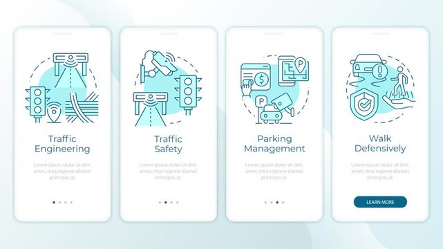 Smart urban mobility solutions animated onboarding mobile app screens. Traffic management. UI layout animation with cyan line concept icons. Modern flat interface style motion graphics