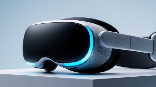 Close-up virtual reality headset glows with cool blue light. Modern VR gadget for immersive gaming, simulation. Futuristic tech accessory with sleek design for metaverse experiences. Digital
