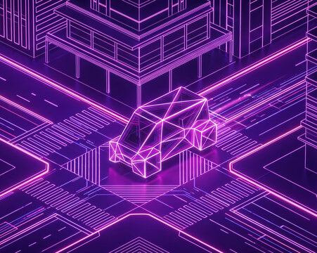 Isometric 3D render of a futuristic glowing magenta neon polygonal van at a data grid crossroad