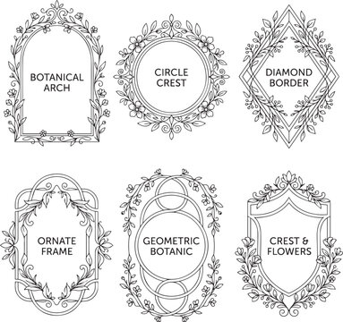 Boho floral geometric crests and arch borders vector bundle
