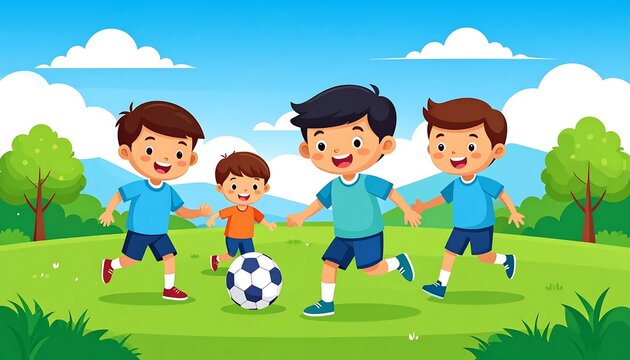 Children playing soccer in sunny park on summer day.