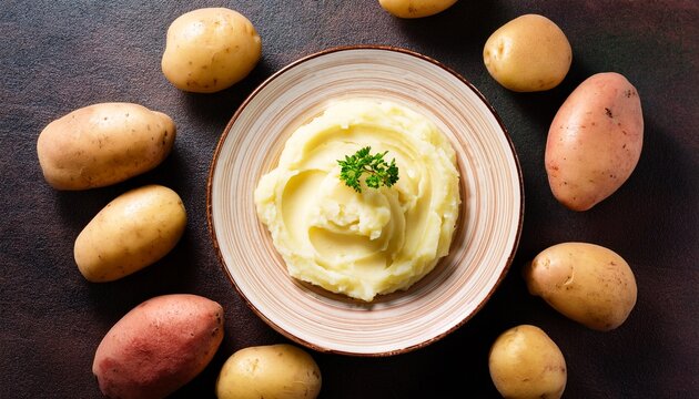 plate with mashed potatoes surrounded by potatoes top view