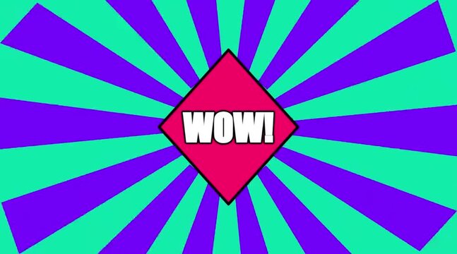WOW in bold white letters inside a red diamond, set against a vibrant radial background of purple and teal rays
