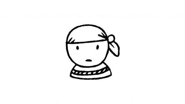 4K animated pirate sailor doodle icon featuring boiling line motion. Frame by frame line art on black and green screen chroma key background for bandana character, deckhand face, crew mate, and sea.