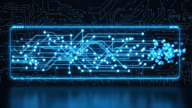 Blue glowing electronic circuit board border on dark