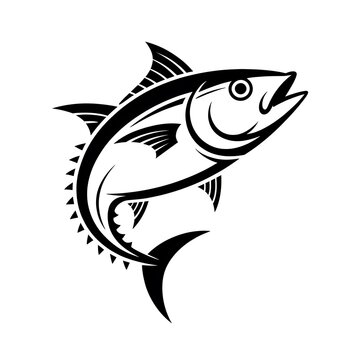 Black and white tuna fish illustration in a simple graphic style isolated on white background