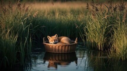Fototapeta premium Cute red fox slepic inside brown wicker basket floating on calm water pond. Small wild mammal curls up comfortably drifting amidst tall green grass, reeds at sunset. Peaceful forest scene shows