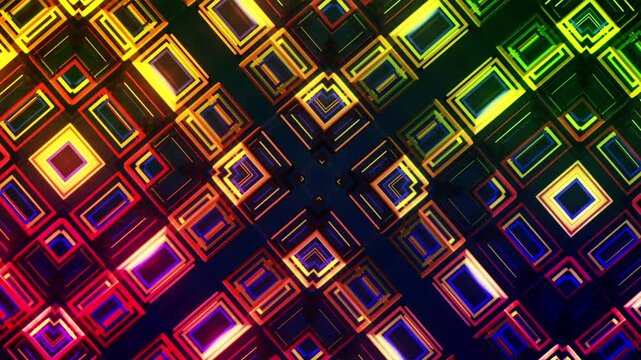 Abstract rainbow neon geometry forms a vivid futuristic symmetrical light pattern.