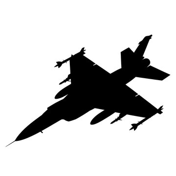 Black silhouette of a military fighter jet plane flying in the sky isolated on white background