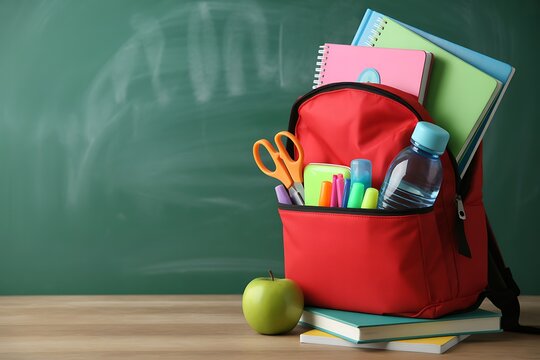 Bright red backpack filled with school supplies and books sitting on a wooden desk against a chalkboard