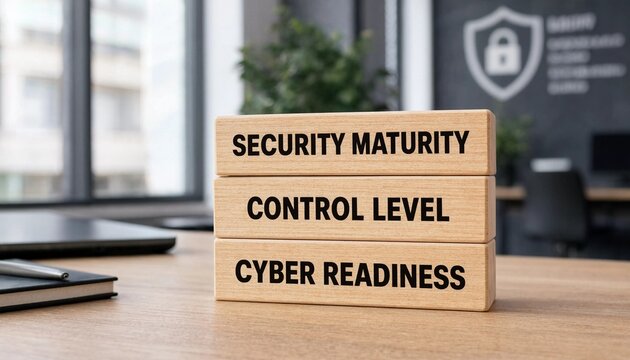 Blocks displaying security maturity control level and cyber readiness concepts in modern office setting