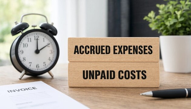 Business concept showing accrued expenses and unpaid costs with clock invoice and pen on desk