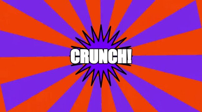 CRUNCH in white text with a black outline, set against a vibrant background of radiating orange and purple rays. 