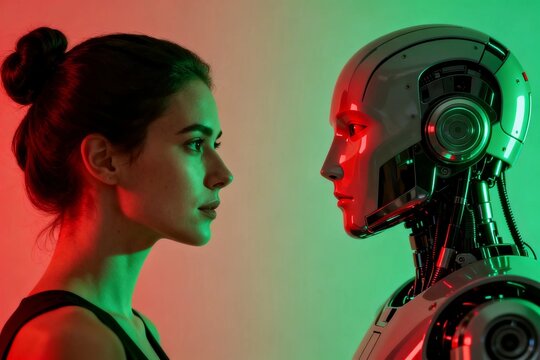 Woman Facing Humanoid Robot in Futuristic Concept