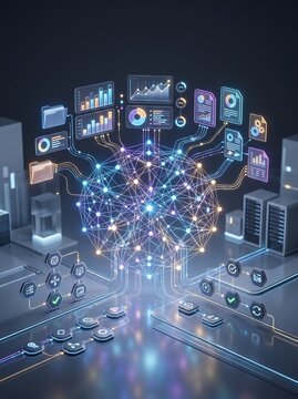 A glowing central network is connected to screens, servers, applications, and technological devices in a futuristic space.