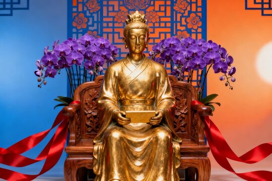 Golden Statue of Chinese Deity with Orchids and Decorative Background
