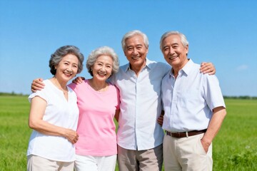 Obraz premium Elderly Couples Standing Together in Green Field