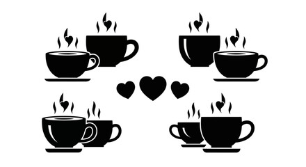 Obraz premium Romantic coffee cup pairs with heart steam and central heart symbols representing shared moments and love for coffee in a clean black and white vector style