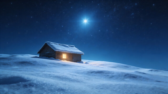 Snowy cabin under starry sky