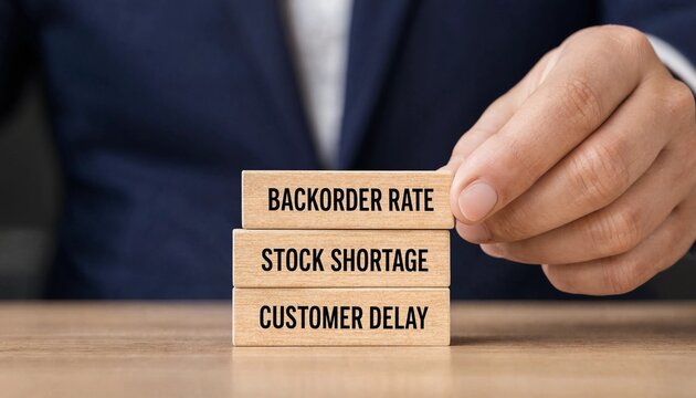 Business professional stacking wooden blocks showing backorder rate stock shortage and customer delay challenges