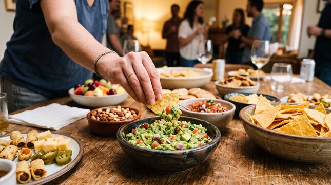 Person dipping a tortilla chip into a bowl of fresh guacamole at a party with friends