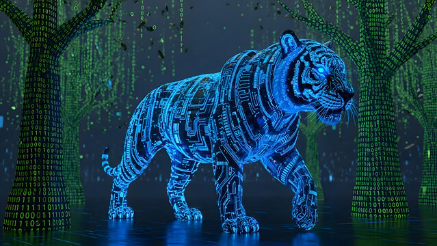 Glowing blue tiger hologram walking through digital forest with green code trees