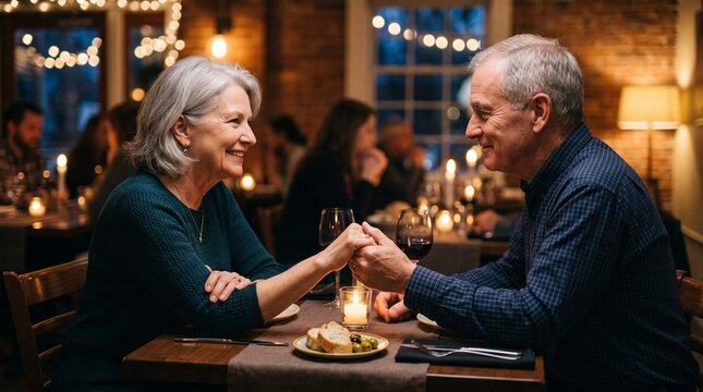 Elderly couple holding hands across a table during a romantic dinner date in a dimly lit restaurant