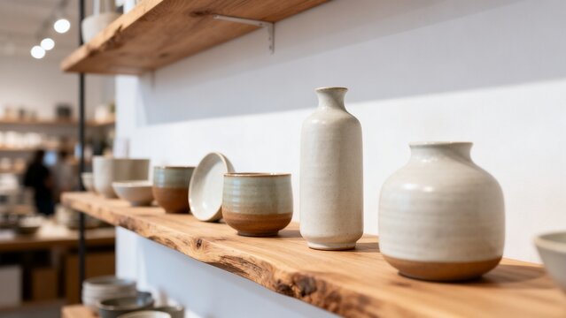 Independent retail display with ceramic pieces natural wood shelf local ret